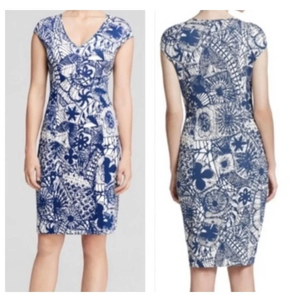 Tory Burch Blue Baltic Sea Dream Catcher Viscose V Neck Women's Cap Sleeve dress
